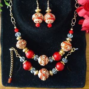 Majestic Red Boho Necklace Earrings and Bracelet Set